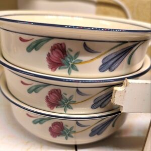 Lenox Chinastone Poppies in Blue vintage set 2 floral print stoneware soup bowls